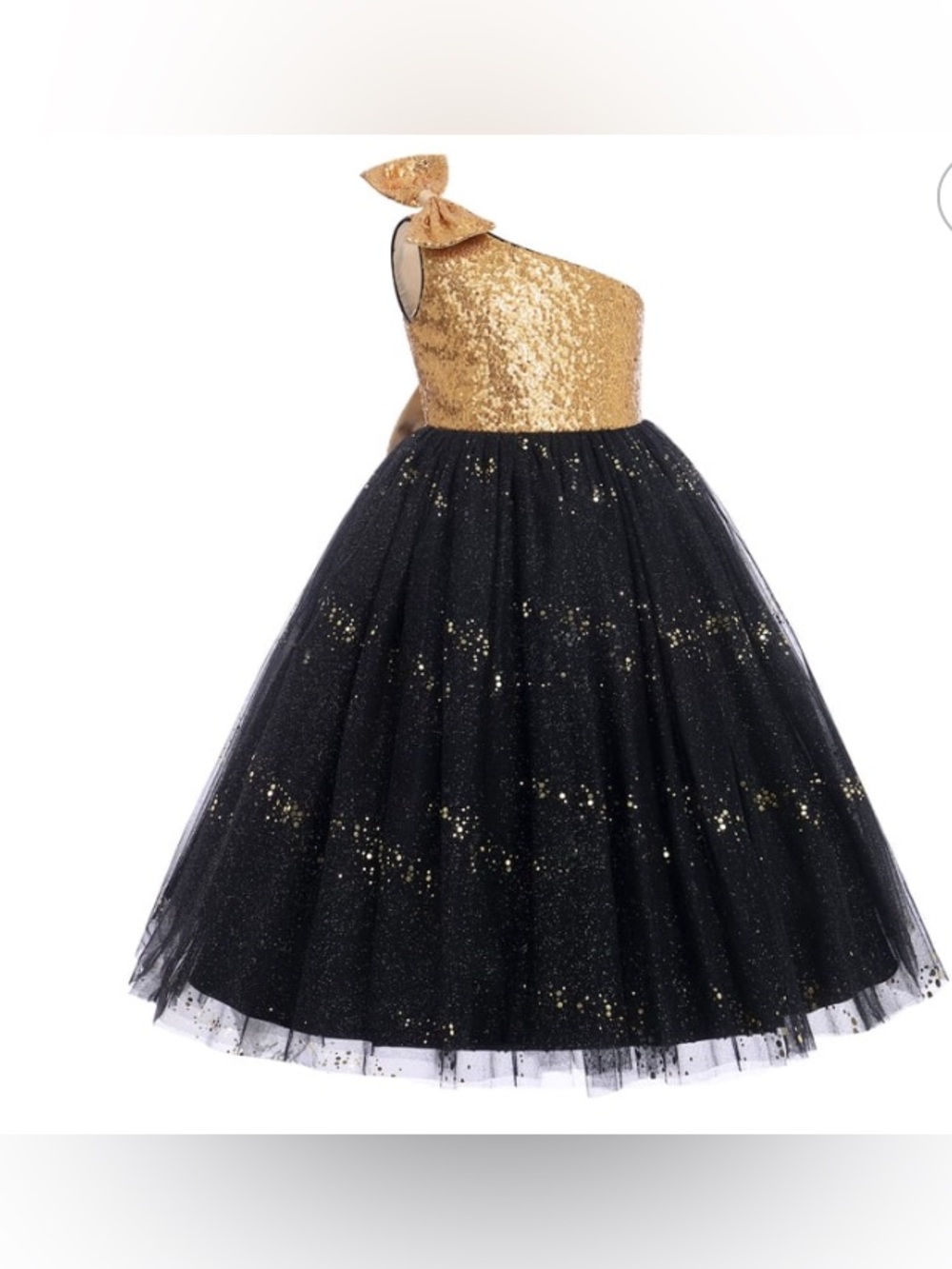 Girls 6Y 120 Gold Black Sequin Tulle Party Dress One Shoulder Formal Ball Gown